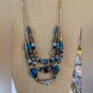 Vintage Blue Glass & Crystal Beads‎ Multi Layered Necklace